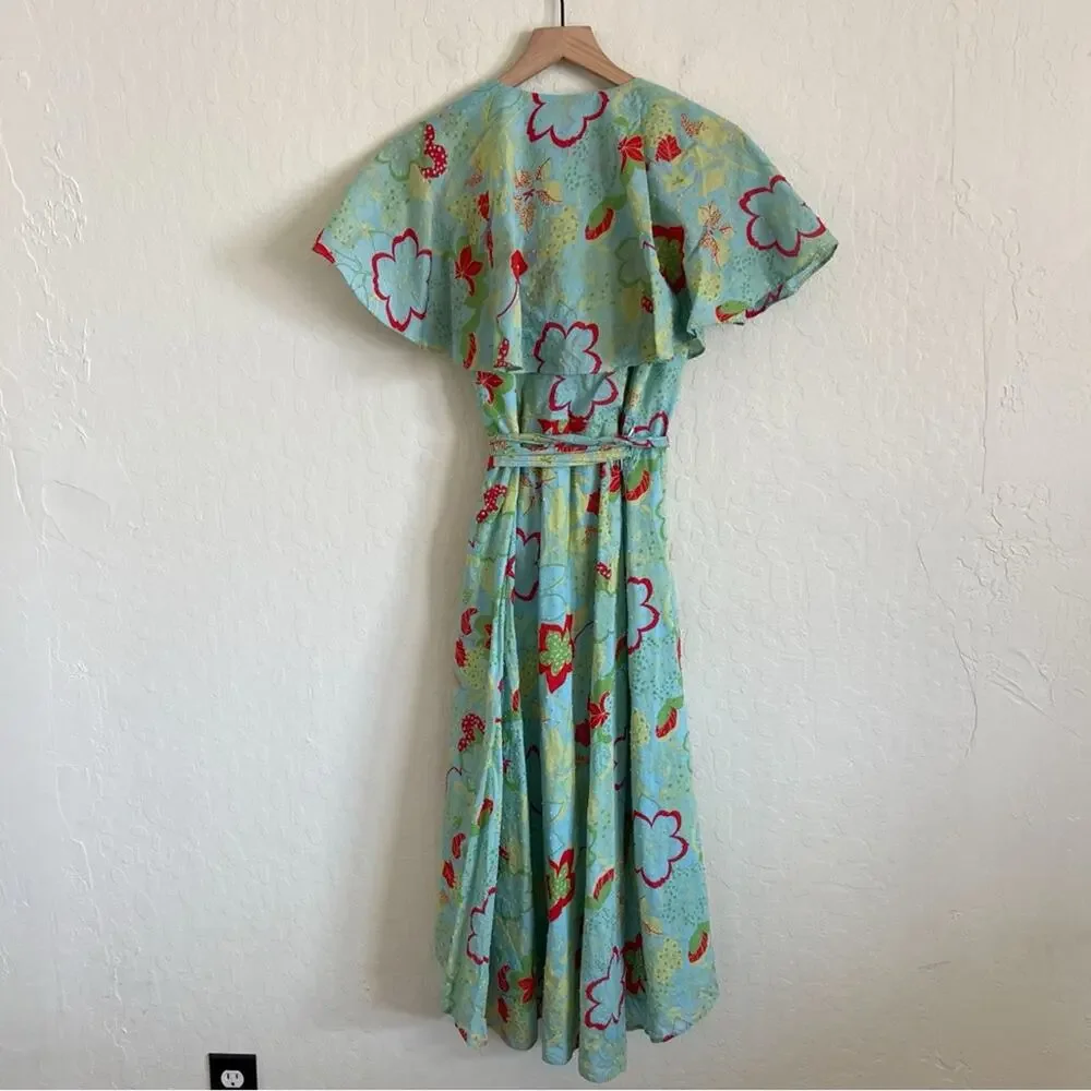 ModCloth 100% Cotton Lift Your Wings Wrap Midi Dress Large Blue Green Floral